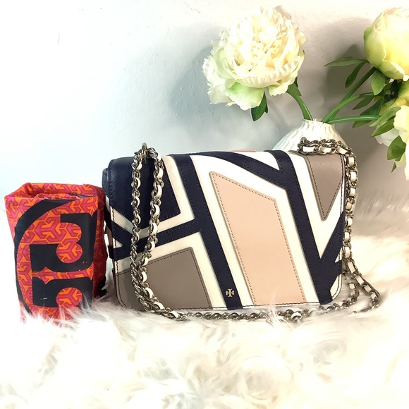 🛍 Tory Burch Robinson Fret Patchwork Shoulder Bag Ivory Multi🛍